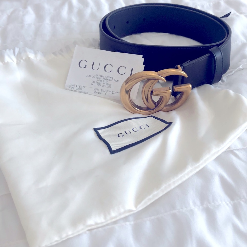 GUCCI Women’s Wide Leather Belt, Black and Gold